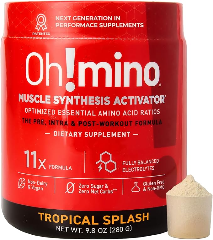 Oh!mino Amino Acid Energy Blend - Pre-Post Workout Powder, BCAA Amino Acids, Workout Recovery Drink, Muscle Synthesis Activator, Caffeinated Tropical Splash, 280 g, 40 Servings