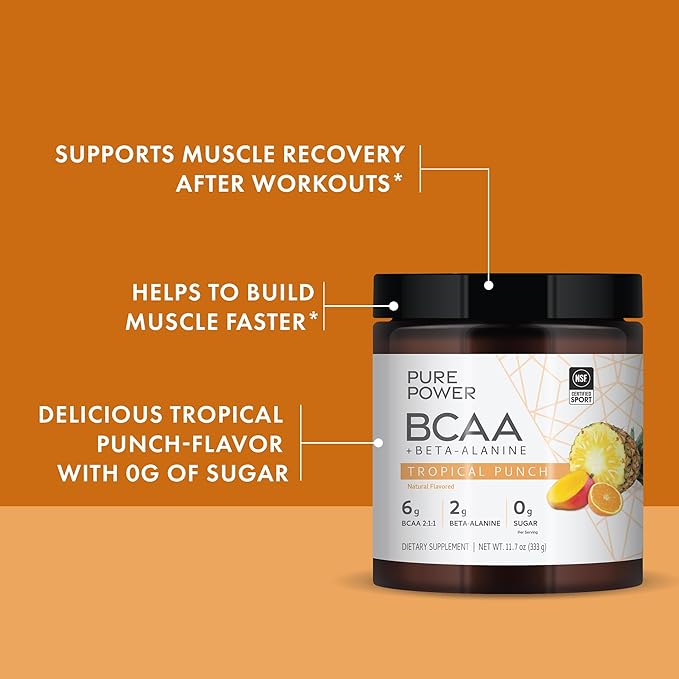 Dr. Mercola Pure Power BCAA + Beta-Alanine, Tropical Punch Flavor, 11.7 oz (333 g), 30 Servings, 6g BCAA, 2g Beta-Alanine, 0g Sugar, Non-GMO