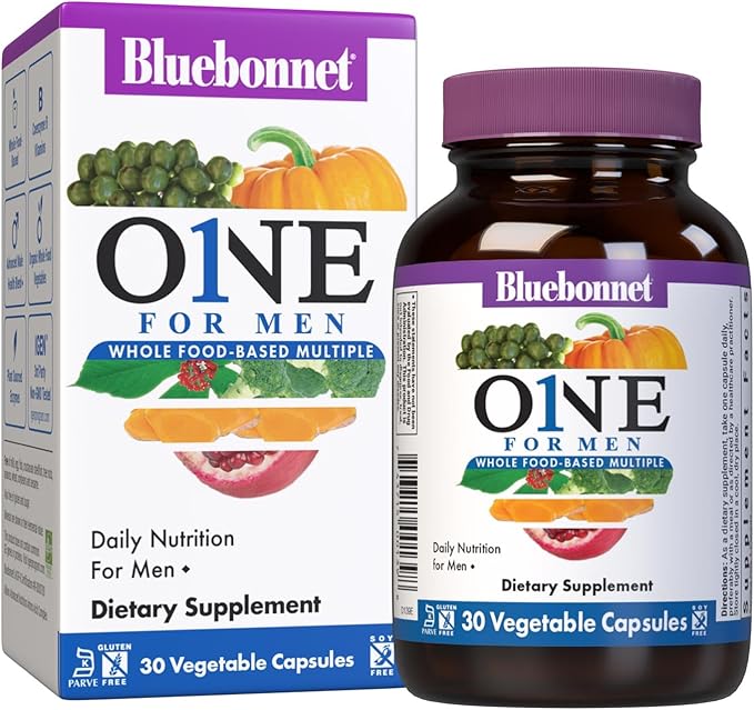 Bluebonnet Nutrition One for Men Whole Food-Based Multiple, Daily Nutrition*, Non-GMO, Vegetarian Friendly, Kosher, Gluten-Free, Soy-Free, Dairy-Free, Iron Free, 30 Vegetable Capsules, 30 Servings