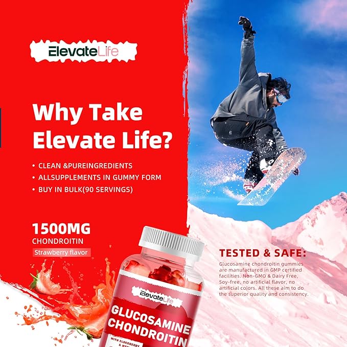 Glucosamine Chondroitin Gummies - Extra Strength Joint Support Supplement with MSM & Elderberry for Natural Joint, Antioxidant Immune Support for Adults, Men & Women 90 Strawberry Gummies