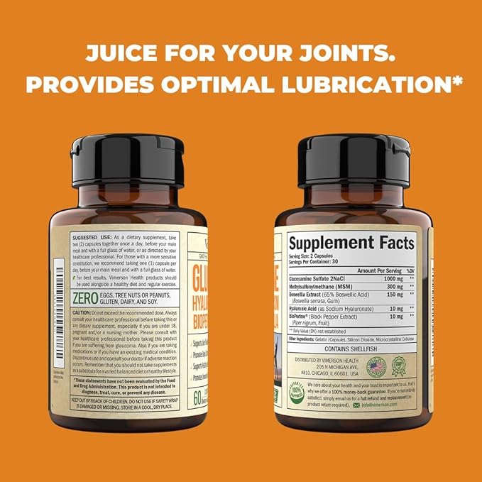 Glucosamine Sulfate with Hyaluronic Acid, Bioperine, MSM & Boswellia. 5-in-One Joint Support Supplement. Antioxidant & Inflammatory Support - Joint Health, Flexibility and Comfort. 60 Capsules