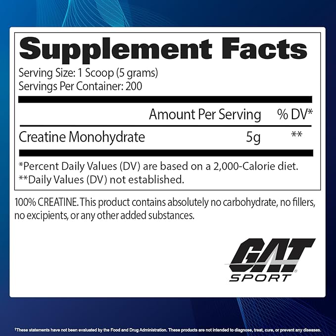 GAT SPORT Creatine Monohydrate Powder, Strength, Brain Health, Anti-oxidant, Endurance, for Men & Women, Unflavored (1000g)