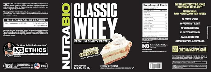 NutraBio Classic Whey Protein Powder- 25G Protein Per Scoop - Full-Spectrum Amino Acid Profile - No Fillers, Artificial Colors, Preservatives - (Banana Cream Pie, 2 Pounds)