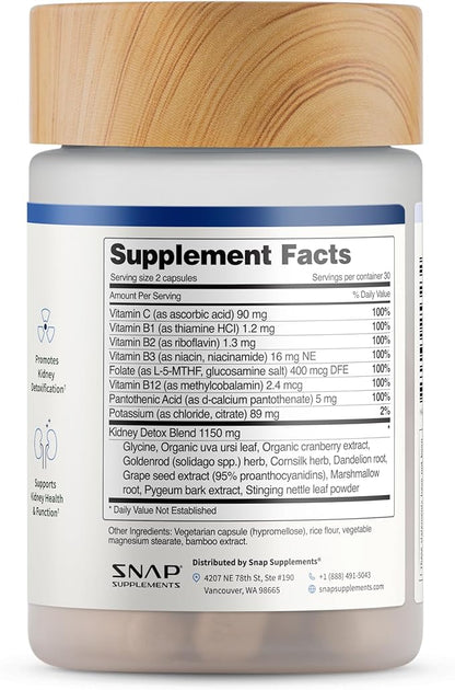 Snap Supplements Kidney Health Support, Kidney Cleanse Detox & Repair Formula, Uva Ursi Capsules, Kidney Supplement Kidney Restore, 15 Vitamins Plants & Herbs (60 Capsules)