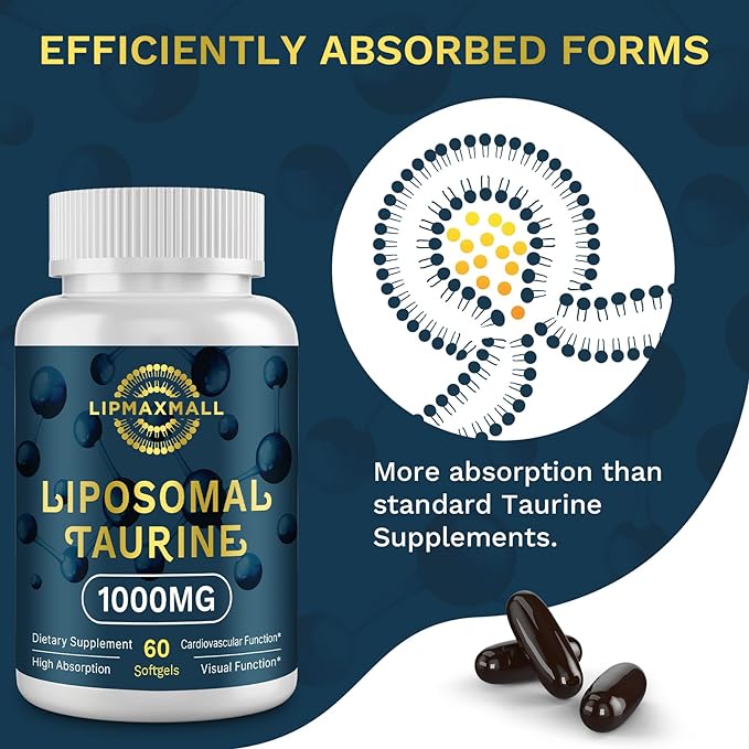 Liposomal Taurine Supplement 1000mg, High Absorption Amino Acid for Heart, Nerve, Brain, Visual, Longevity & Muscle (60 Softgels - 2 Pack)