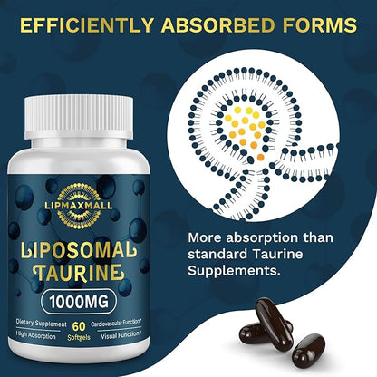 Liposomal Taurine Supplement 1000mg, High Absorption Amino Acid for Heart, Nerve, Brain, Visual, Longevity & Muscle (60 Softgels - 2 Pack)