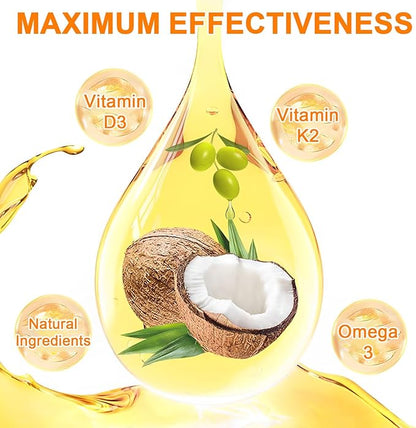 Vitamin D3 K2 Drops w MCT Oil Omega 3, 4-in-1 Support, 5000 IU of Vitamin D3 and 120 mcg of Vitamin K2. Liquid D3 for Body’s Defenses & Faster Absorption, Unflavored