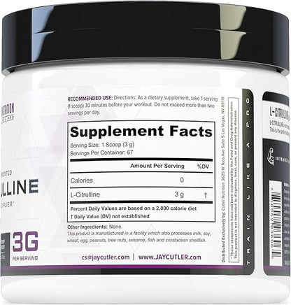 Cutler Nutrition Jay Essentials 100% Pure L-Citrulline Powder Unflavored 3g Per Serving Supports Endurance and Pumps (67 Servings)