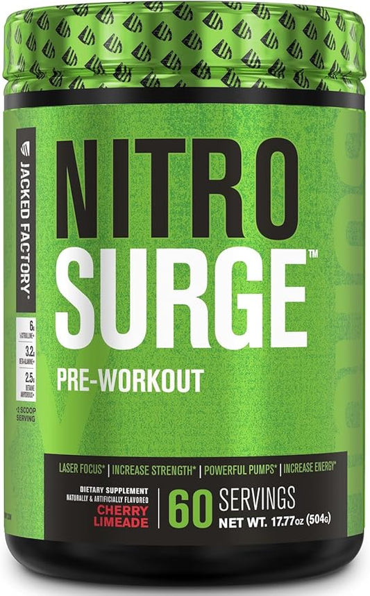 NITROSURGE Pre Workout Supplement - Endless Energy, Instant Strength Gains, Clear Focus, Intense Pumps - Nitric Oxide Booster & Powerful Preworkout Energy Powder - 60 Servings, Cherry Limeade