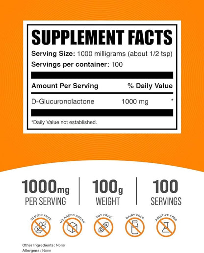 BulkSupplements.com Glucuronolactone Powder - as D-Glucuronolactone, for Energy Support, Glucuronolactone Supplement - Pure & Gluten Free, 1000mg per Serving, 100g (3.5 oz) (Pack of 1)