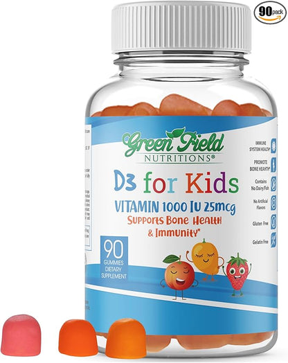 Greenfield Nutritions Halal Vitamin D3 for Kids - 1000 IU (25 mcg), 90 Halal Gummies - Non-GMO Gelatin Gluten Free Vegetarian Halal Vitamin D - Halal Vitamins for Kids, Supports Bone & Immune System