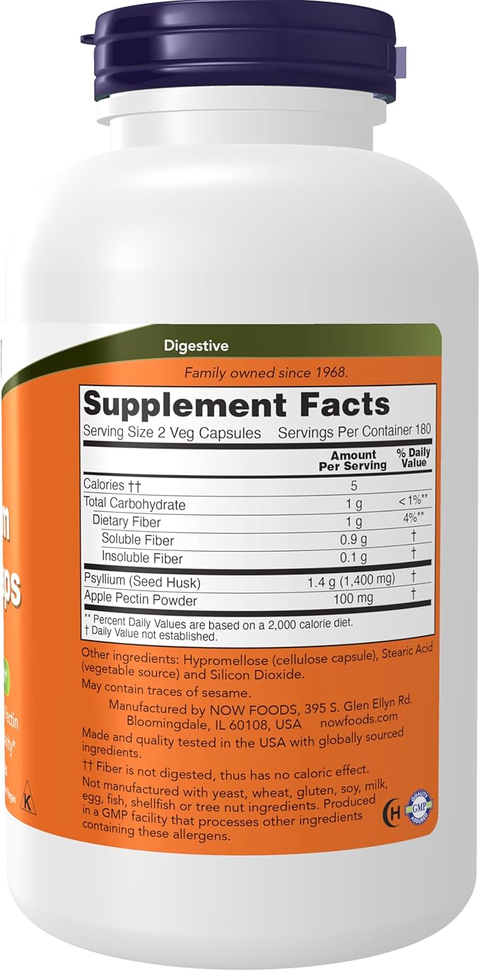 NOW Supplements, Psyllium Husk Caps 700 mg with 50 mg of Apple Pectin, Intestinal Health*, 360 Veg Capsules