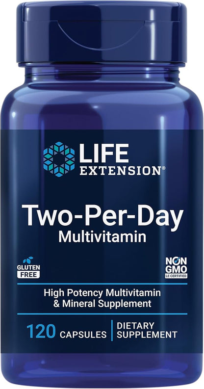 Life Extension Two-Per-Day Multivitamin, Vitamins B, C, D, zinc, Packed with Over 25 Vitamins, Minerals & extracts, Two-Month Supply, Non-GMO, Gluten-Free, 120 Capsules