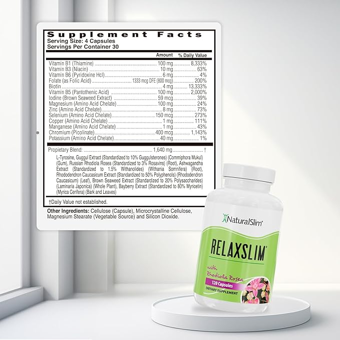NaturalSlim Relaxslim Rhodiola Rosea & Adaptogenic Herb for Brain, Mood, Metabolism, Tension & Energy Support Supplement - 21 Different Natural Compounds Help Control Appetite - 120 Capsules