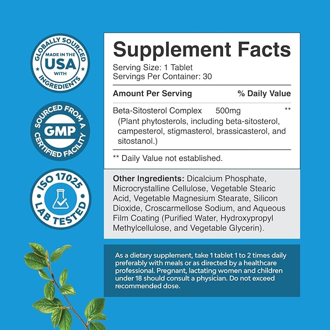 Plant Sterols Complex with Beta Sitosterol - 500mg Beta-Sitosterol Sterols and Stanols Supplement for Heart Health and Prostate Support - Heart and Prostate Health Supplement for Men - 30 Tablets