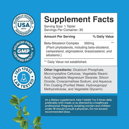 Plant Sterols Complex with Beta Sitosterol - 500mg Beta-Sitosterol Sterols and Stanols Supplement for Heart Health and Prostate Support - Heart and Prostate Health Supplement for Men - 30 Tablets