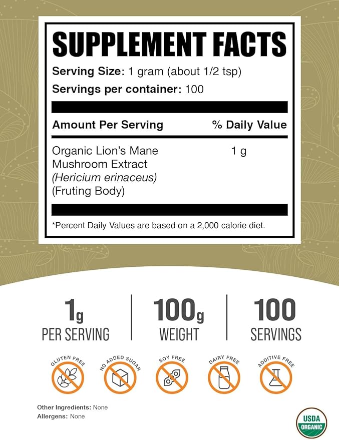 BulkSupplements.com Organic Lion's Mane Mushroom Extract Powder - Lions Mane Supplement Powder, Lion's Mane Extract - Mushroom Supplement, 1000mg per Serving, 100g (3.5 oz) (Pack of 1)