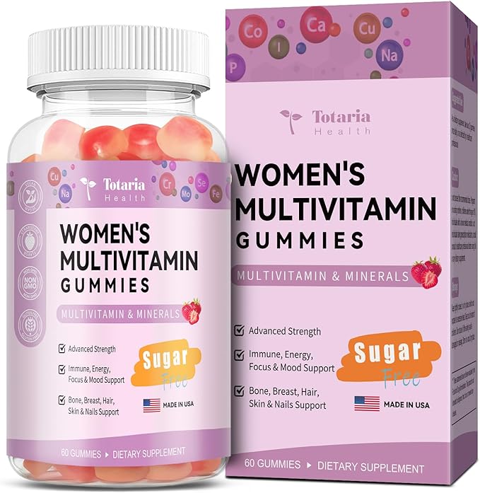 Sugar Free Multivitamin Gummies for Women 14+ w/Inositol, Iron, Folate, Biotin, Womens Daily Multivitamin Gummy w/Vitamin A, D, C, B, Support Hair, Skin, Energy, Immune, Strawberry Flavor
