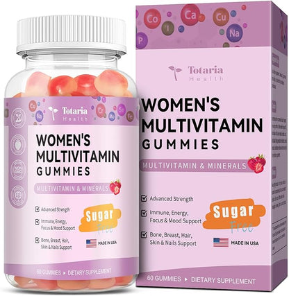 Sugar Free Multivitamin Gummies for Women 14+ w/Inositol, Iron, Folate, Biotin, Womens Daily Multivitamin Gummy w/Vitamin A, D, C, B, Support Hair, Skin, Energy, Immune, Strawberry Flavor