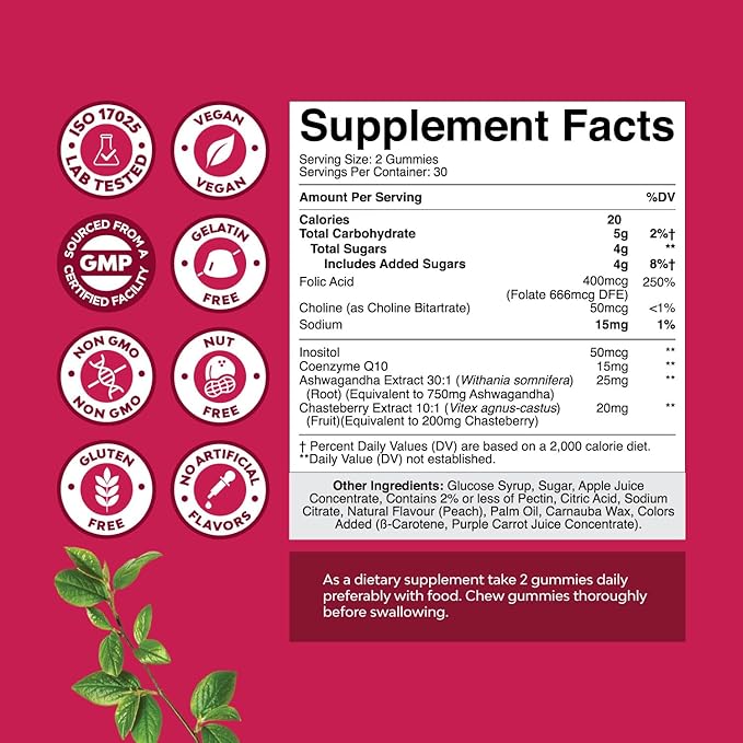 Fertility Gummies for Women Trying to Conceive - Yummy Gummy Fertility Supplement for Women with Myo-Inositol Folic Acid & Vitex Chasteberry - Vegan Non-GMO & Gluten Free - Juicy Peach (30 Servings)