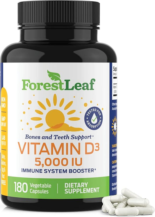 ForestLeaf Vitamin D3 5000 IU - Bone Health and Immune Support - Small Easy to Swallow Vegetable Capsules - Non-GMO Gluten Free VIT D - VIT D3 Vitamin D Supplements for Women and Men, 180 Count