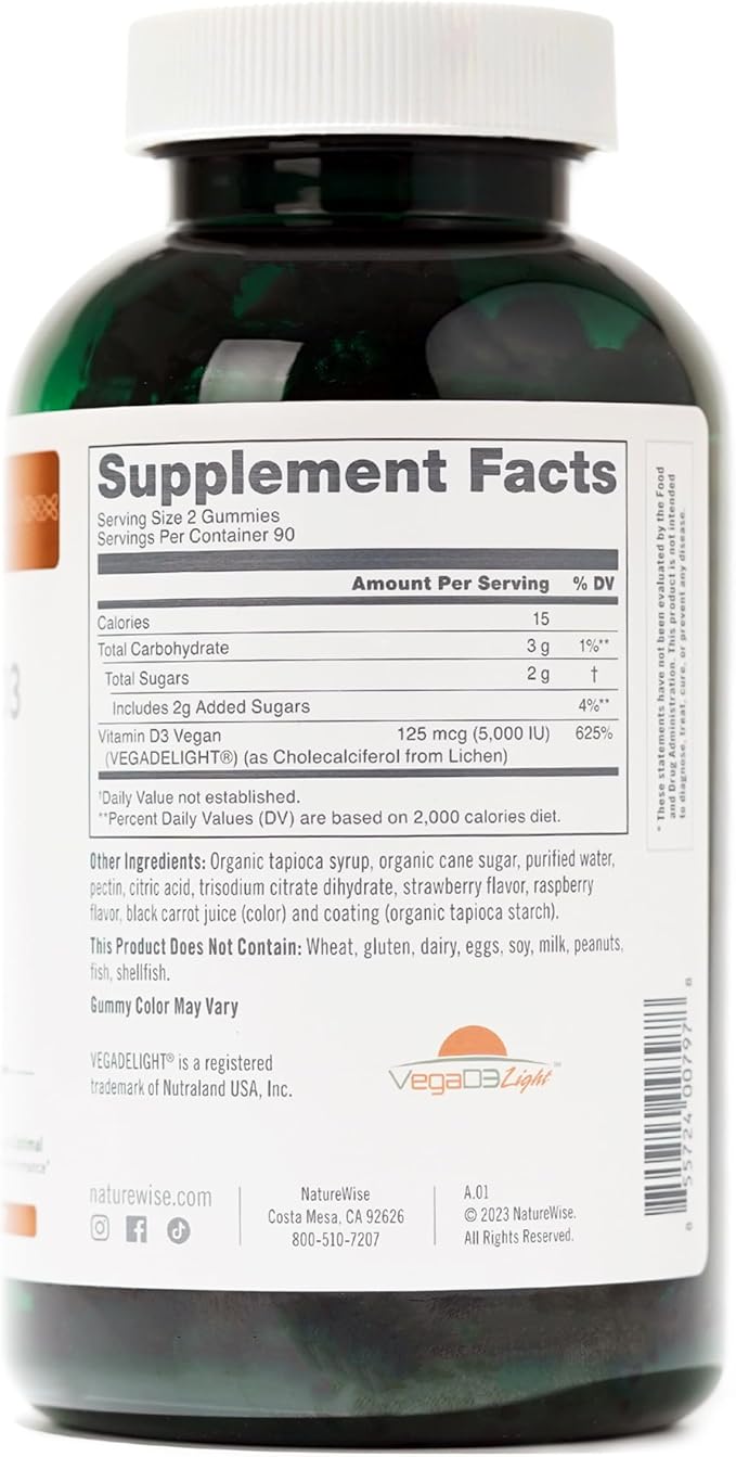 NatureWise Vitamin D3 5000 IU Gummies - Mixed Berry Flavor - Vegan D from Lichen, Pectin Based, Immune Support for Adults, Muscle & Bone Strength - Gluten Free, Non-GMO - 180 Count[3-Month Supply]