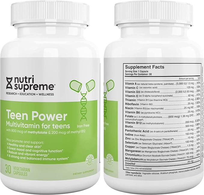Nutri Supreme Teen Multivitamin for Boys and Girls 12-17, Best Kosher One Per Day Teen Vitamins, Formulated for Teen Development and Immune Health, 30 Capsules