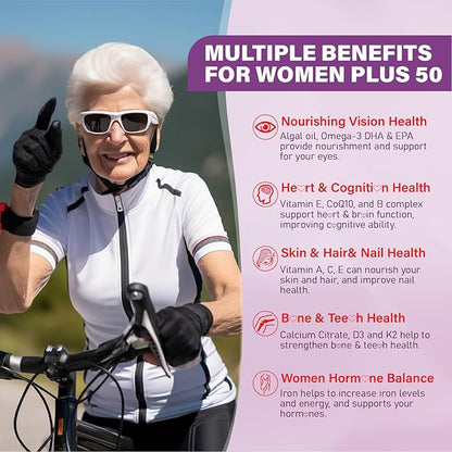 Multivitamin Gummies for Women 50 Plus - with Omega 3, Coenzyme Q10, Iron, Calcium, Zinc, Vitamin A, C, D3, E, K2, B Complex, Folate - Multi Vitamins & Minerals for Energy, Immunity, Eye, Skin