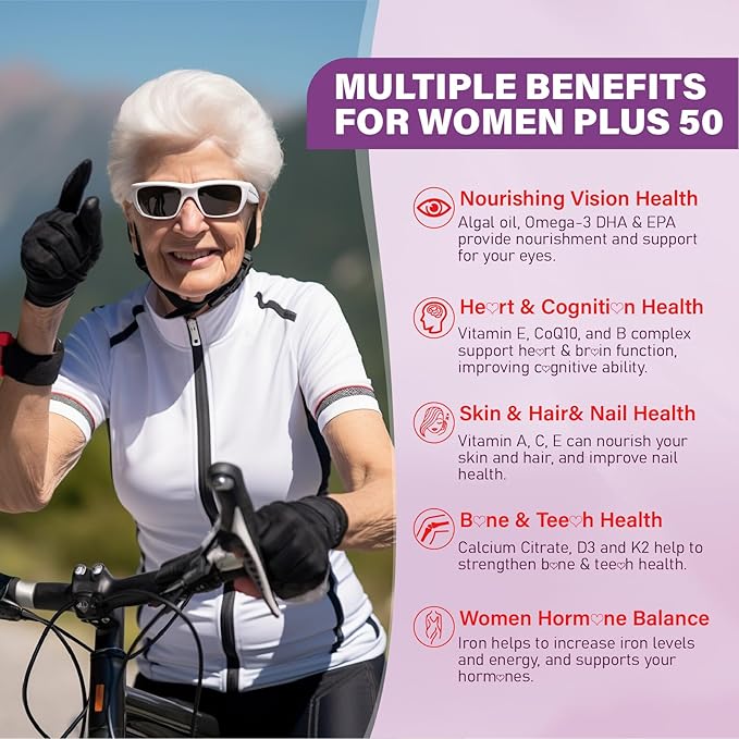 Multivitamin Gummies for Women 50 Plus - with Omega 3, Coenzyme Q10, Iron, Calcium, Zinc, Vitamin A, C, D3, E, K2, B Complex, Folate - Multi Vitamins & Minerals for Energy, Immunity, Eye, Skin