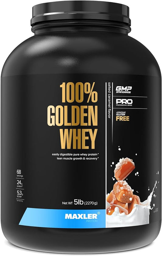 Maxler 100% Golden Whey Protein - 24g of Premium Whey Protein Powder per Serving - Pre, Post & Intra Workout - Fast-Absorbing Whey Hydrolysate, Isolate & Concentrate Blend - Salted Caramel 5 lbs