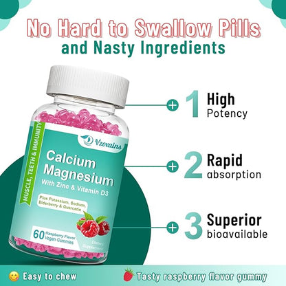 Calcium Magnesium Zinc Gummies with Vitamin D3, Sugar Free Calcium Magnesium Supplement for Bone & Teeth Strength, Muscle Function - Vegan, Raspberry Flavor, 120 Count
