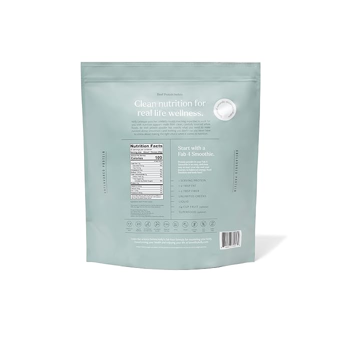 Be Well by Kelly Unflavored Grass-Fed Beef Protein Powder, 23G of Protein & Zero Carbs (1 Ingredient, 30 Servings) 9 Amino Acids + 3 BCAAs No Soy, No Dairy, Stevia-Free, No Sugar Added 1.59lb 720g