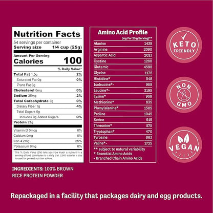 Judee’s Brown Rice Protein Powder (80% Protein) 3 lb - 100% Non-GMO and Sprouted - Dairy-Free and Keto-Friendly - Gluten-Free and Soy-Free - Plant-Based Protein