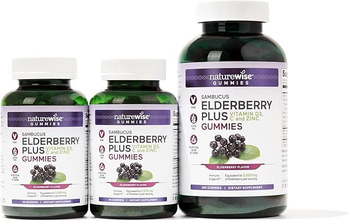NatureWise Sambucus Elderberry Gummies - Immune Support Supplement for Kids Ages 4+ & Adults with Vitamin C, D3, Zinc - Elderberries Equivalent to 3520mg - Vegan, Non-GMO - 60 Count[30-Day Supply]