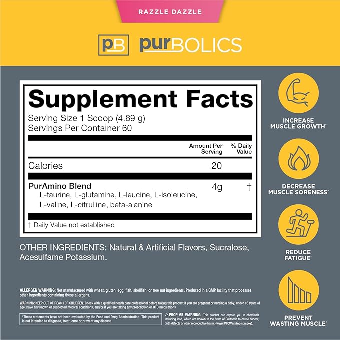 Aminos | 4g of Free-Form Amino Acids, Beta-Alanine, 0 Sugar & 60 Servings (Razzle Dazzle)