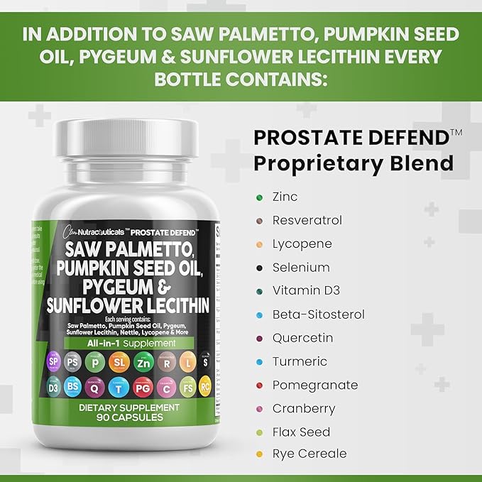 Clean Nutraceuticals Saw Palmetto Pumpkin Seed Oil Pygeum Sunflower Lecithin Stinging Nettle Cranberry - Prostate Supplements for Men with Lycopene - 90 Caps