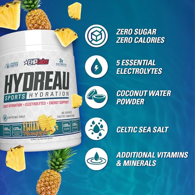 EHP Labs Hydreau Electrolytes Powder No Sugar - Hydration Powder for Endurance & Energy - Electrolyte Powder for Men & Women - Sugar Free Electrolytes - Fijian Pineapple (40 Serves)