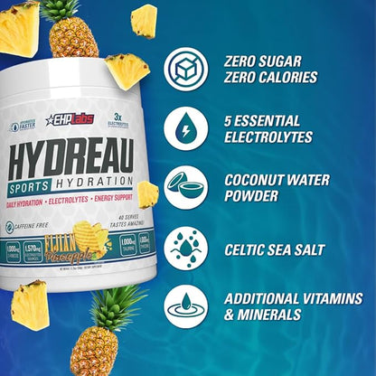 EHP Labs Hydreau Electrolytes Powder No Sugar - Hydration Powder for Endurance & Energy - Electrolyte Powder for Men & Women - Sugar Free Electrolytes - Fijian Pineapple (40 Serves)
