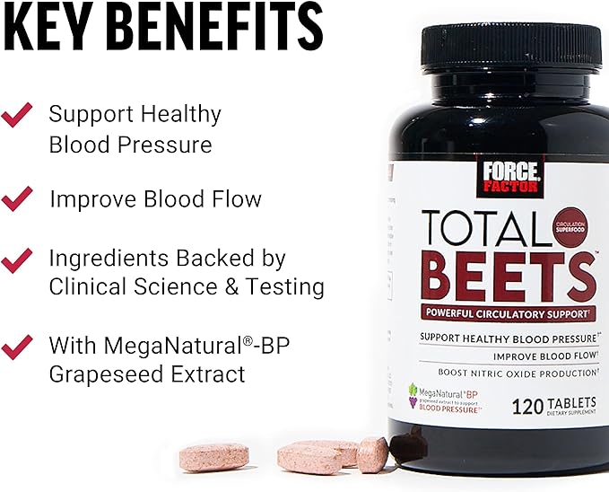 Force Factor Total Beets Nitric Oxide Supplement with Beet Root Powder, Nitrates, Grapeseed Extract for Circulation, Cardiovascular, Heart Health, 240 Tablets, 2 Pack