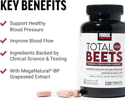 Force Factor Total Beets Nitric Oxide Supplement with Beet Root Powder, Nitrates, Grapeseed Extract for Circulation, Cardiovascular, Heart Health, 240 Tablets, 2 Pack
