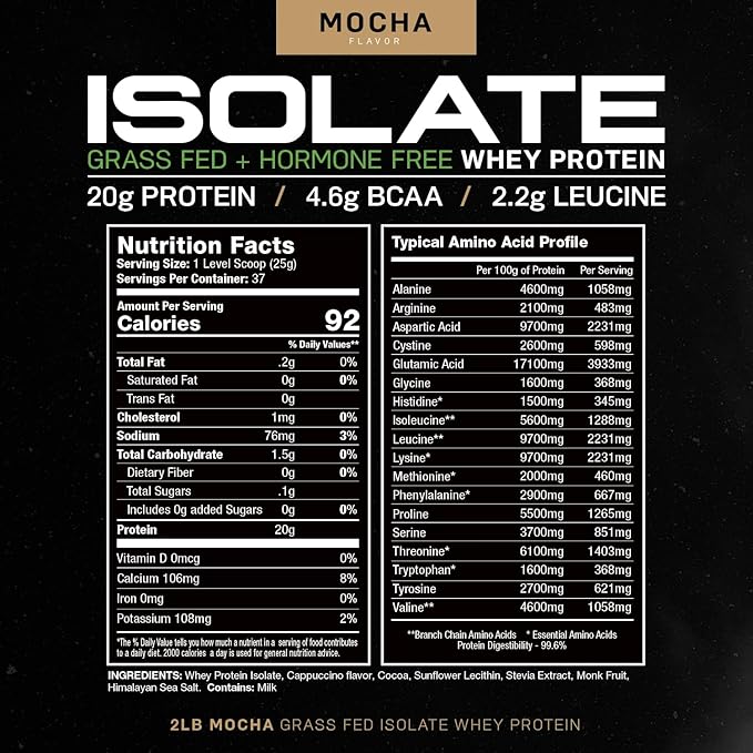 Muscle Feast Grass-Fed Whey Protein Isolate, All Natural Hormone Free Pasture Raised, Mocha, 2lb