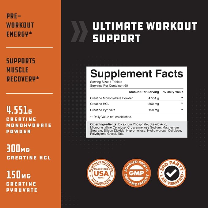 High Strength Tri Phase Creatine Pills - Muscle Mass Gainer and Muscle Recovery Creatine HCL Pyruvate and Creatine Monohydrate Pills-Optimal Muscle Builder Creatine Supplement for Men and Women-240ct