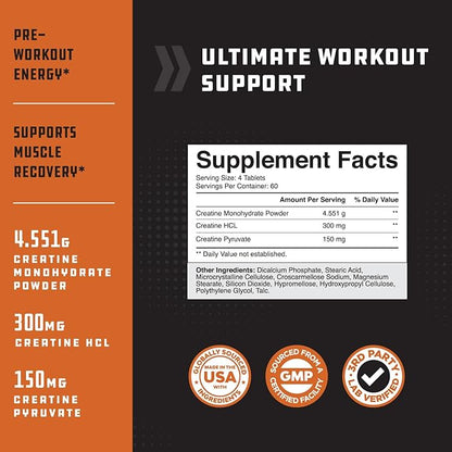 High Strength Tri Phase Creatine Pills - Muscle Mass Gainer and Muscle Recovery Creatine HCL Pyruvate and Creatine Monohydrate Pills-Optimal Muscle Builder Creatine Supplement for Men and Women-240ct