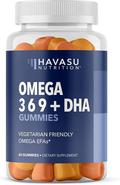 Omega 3 Gummies for Adults Boosted with Omega 6 and Omega 9 - DHA + EPA Plant-Based Fish Oil Alternative - Support Brain & Immune System Function - Orange & Lemon Flavor - 60 Omega Gummies for Adults