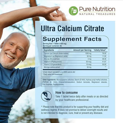 Pure Nutrition Ultra Calcium Citrate Malate | 1000mg Highly absorbable Calcium Supplement with Calcium Citrate Malate, Vitamin D3, Zinc and Magnesium | Non-GMO | Gluten-Free | 90 Veg Tabs-(Pack of 3)