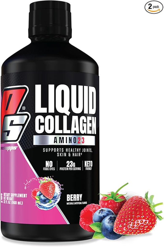 PROSUPPS Amino23 Liquid Collagen Shots, 23g Collagen Protein Promotes Exercise Recovery, Healthy Skin, Hair, Nails & Join Support – Convenient On The Go Bottle, Berry