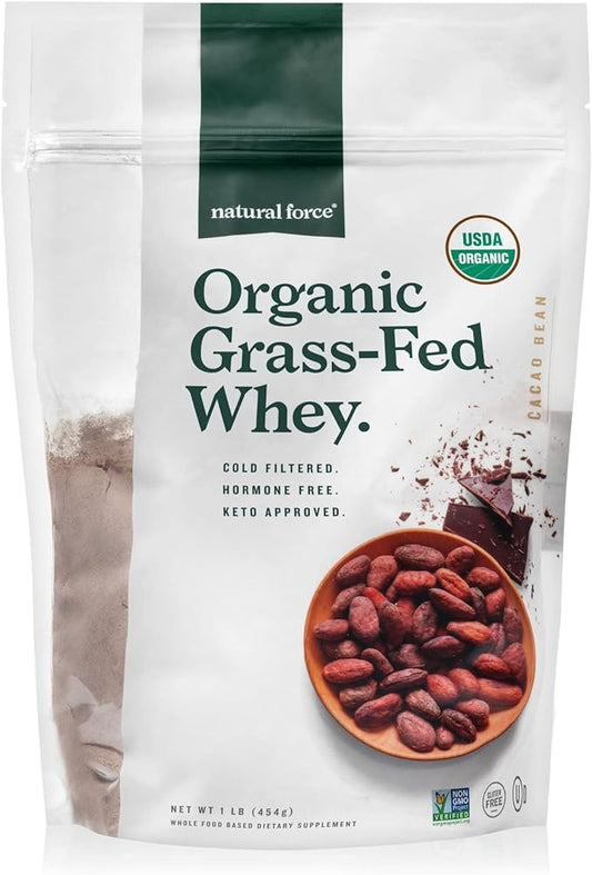 Natural Force Whey Protein Powder – Chocolate – Grass Fed Organic, Pure, Keto & Paleo Friendly, Low Carb, Kosher, Non GMO – 1 Pound