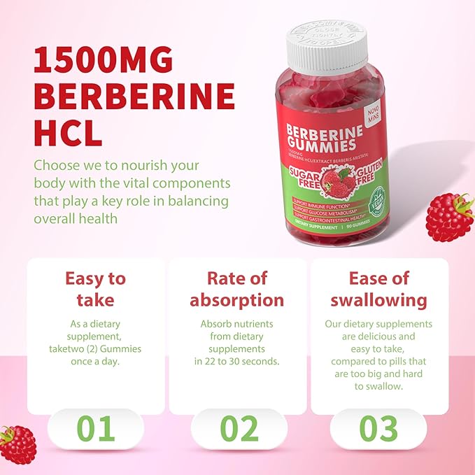 Berberine Gummies with Ceylon Cinnamon 1500mg High Potency Berberine HCL Supplement for Immune and Metabolism Support, Sugar Free Organic Berberine Gummies Raspberry Flavor.