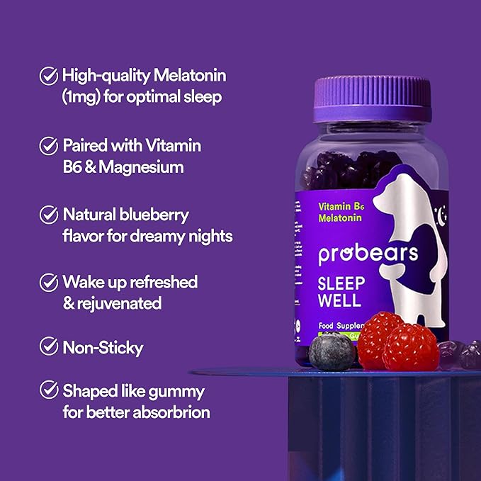 Probears® Melatonin & B6 Gummies for Kids & Adult - Sleep Natural Melatonin & B6 Vitamin for All Genders Sleep - Gluten-Free, Gelatin-Free, Halal - 60 Count