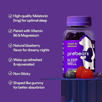 Probears® Melatonin & B6 Gummies for Kids & Adult - Sleep Natural Melatonin & B6 Vitamin for All Genders Sleep - Gluten-Free, Gelatin-Free, Halal - 60 Count
